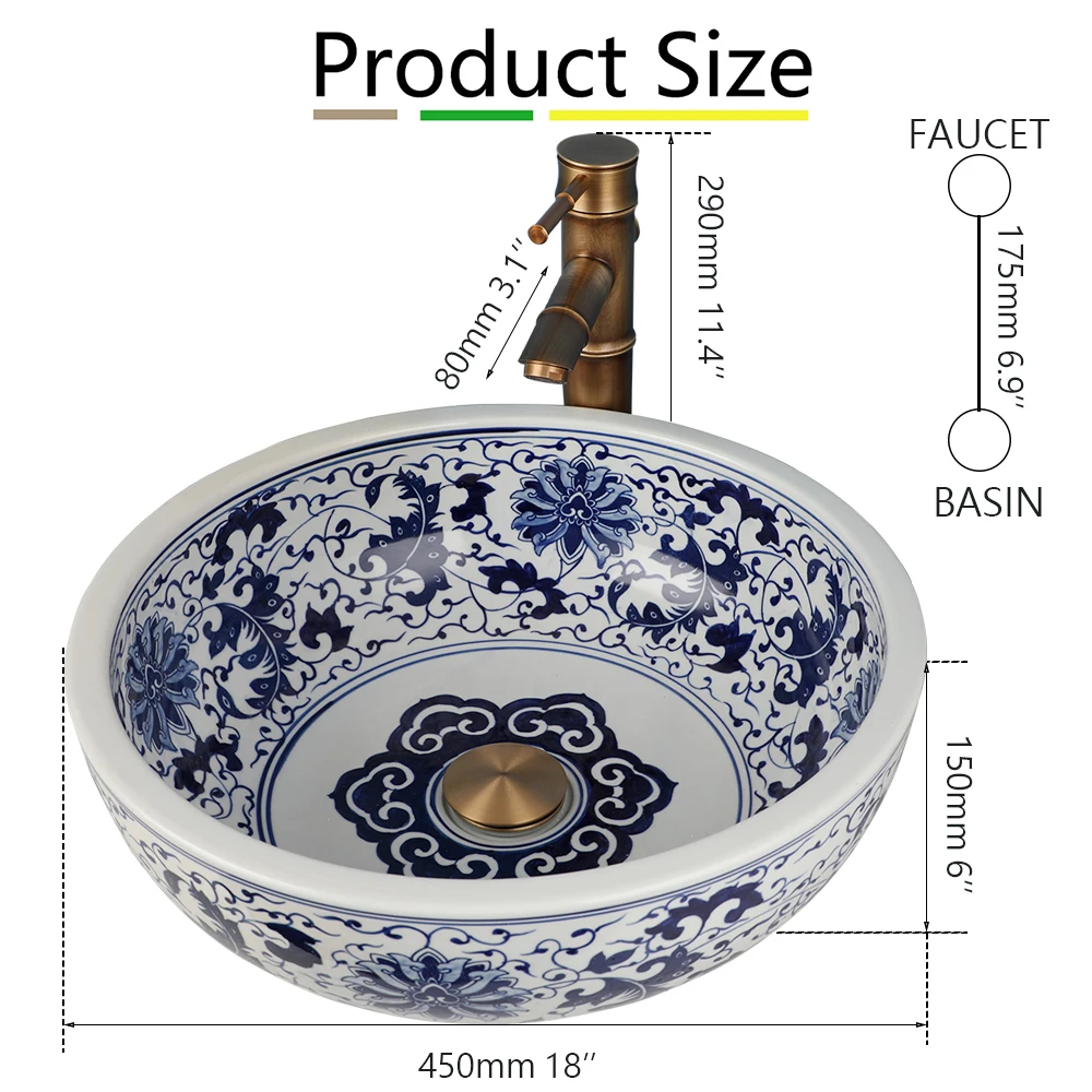 Jindezhen Ceramic Bathroom Vessel Sink Faucet Combo Round Washbasin Sinks for Bathroom Basin Sink Bowl Mixer Tap