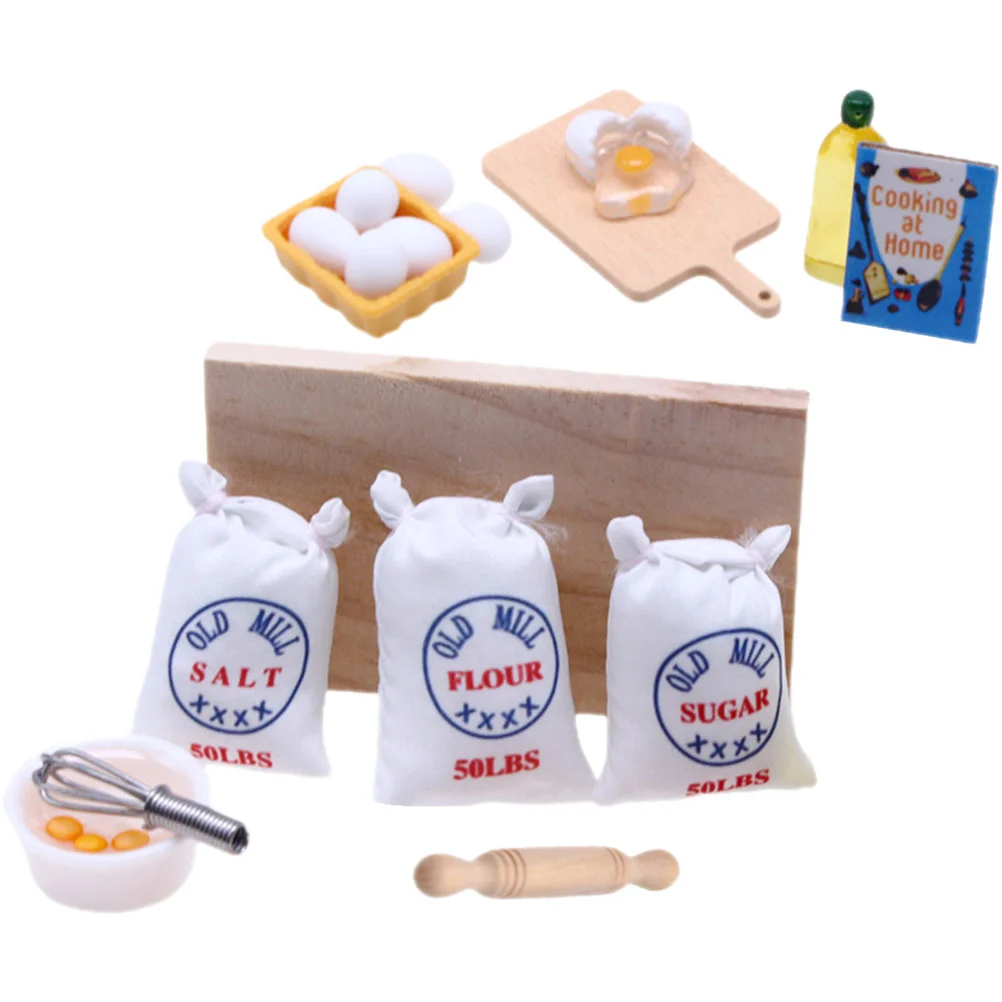

Miniature Baking Props Mini Kitchen Eggbeater Flour Sack Cooking Book Salt Bags Model Dollhouse Kitchen Toys