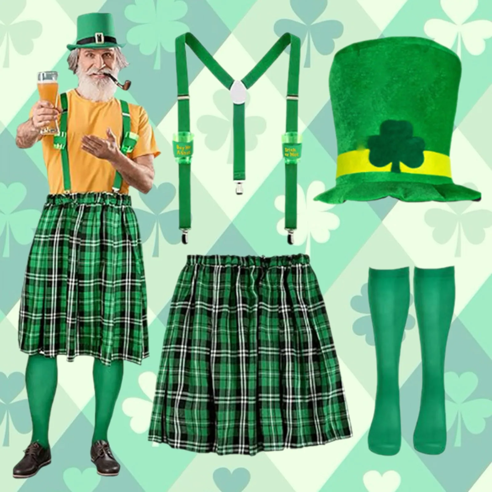 Ireland St. Patrick's Day Waiter Cosplay Costumes Green Plaid Dress Top Hat Accessories Suit Saint Patrick Holiday Party Costume