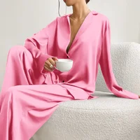 Sexy Low Cut Fashion Pajamas Set For Women Loose Casual Long Sleeve Trouser Suits Satin Silk Female Home Fitted Tops 2-Piece Set - Image 4