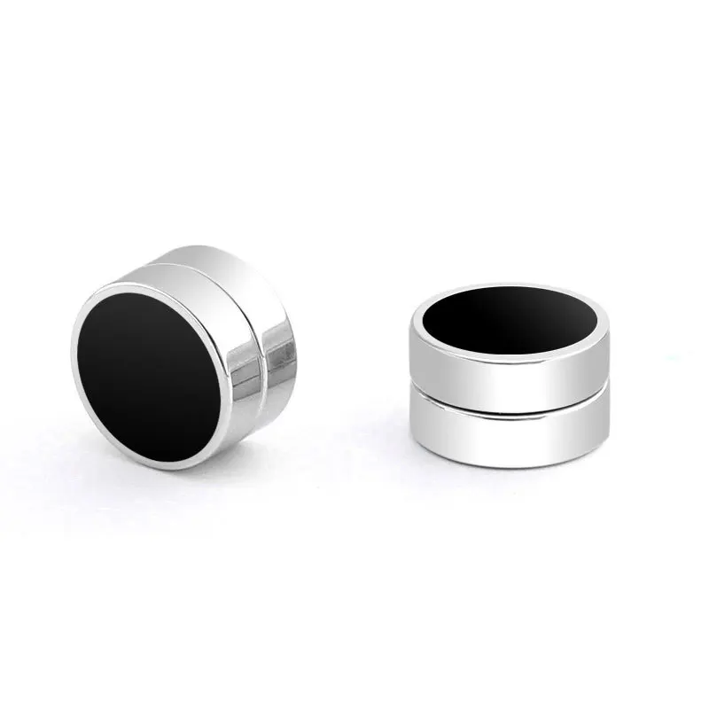Trendy Titanium Steel Magnet Single Ear Clips for Men Women Without Piercing Black Round Cake Earrings Stainless Steel Jewelry ear clip earrings,clip earrings,ear clip,magnetic earrings