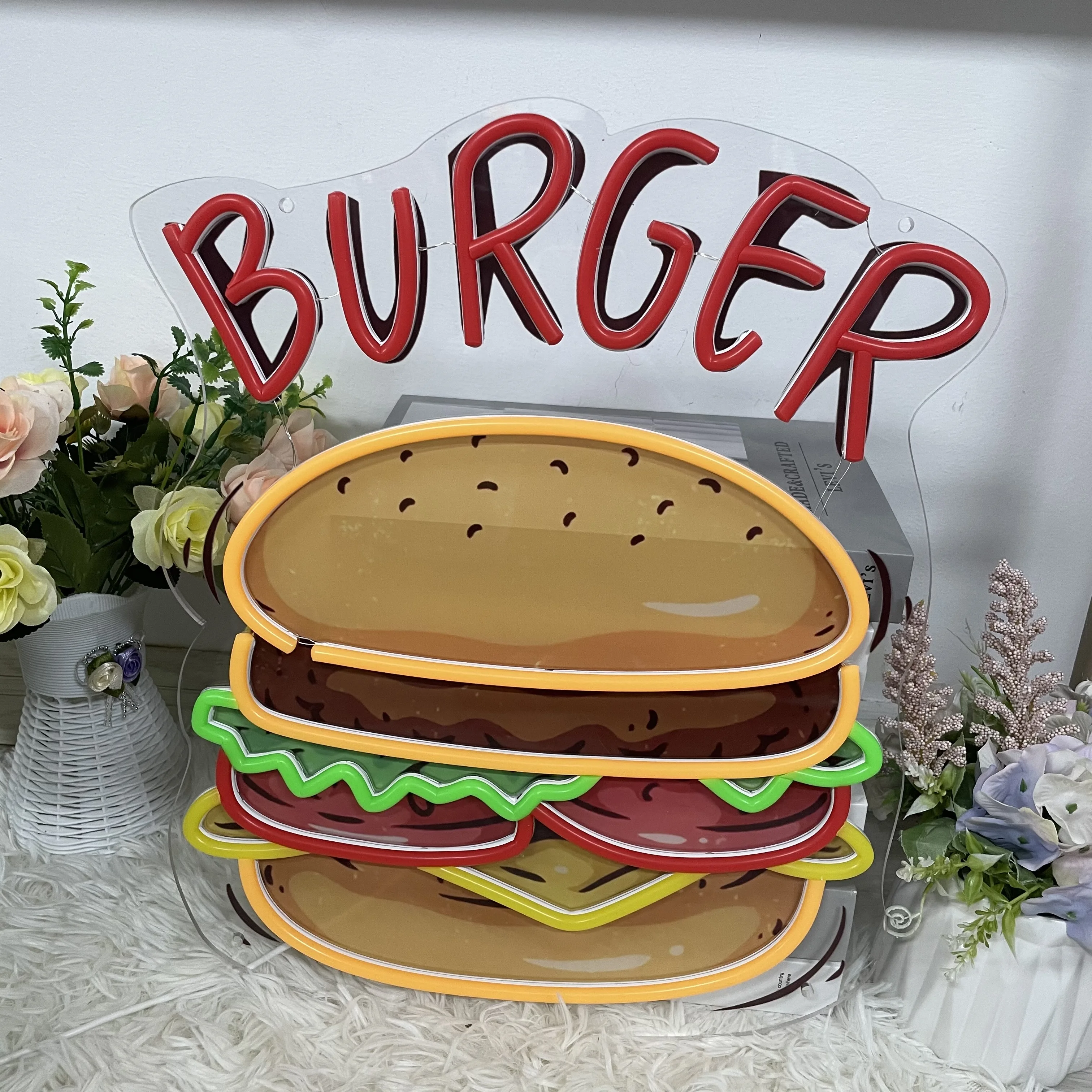 Enseigne LED Burger Lumineuse - Néon Décoratif à Intensité Variable, Alimentation USB, Pour Déco Murale Bar Ou Chambre - 4