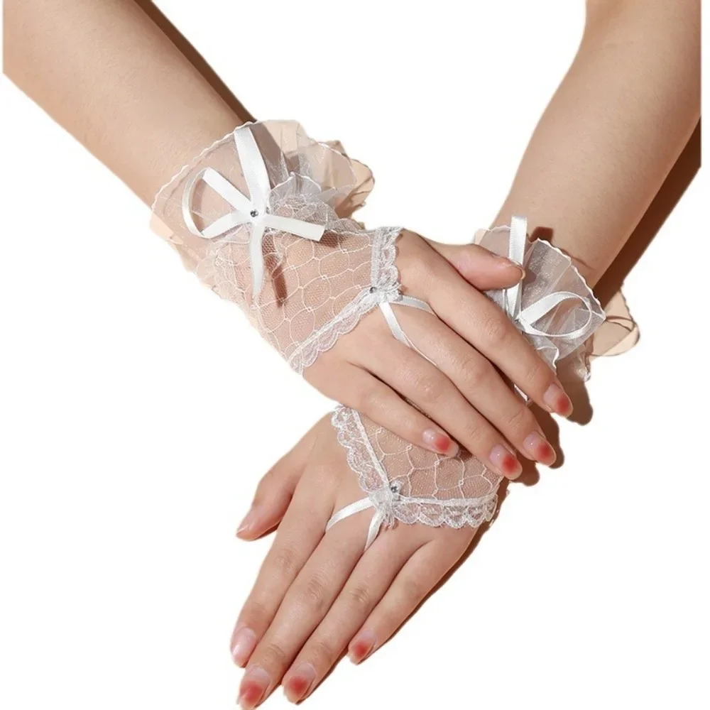 Lace Short Gloves for Women Bridal Wedding Lolita Style Mesh Hand Sleeves with Handmade Ribbon Bow And Hook Finger Glued
