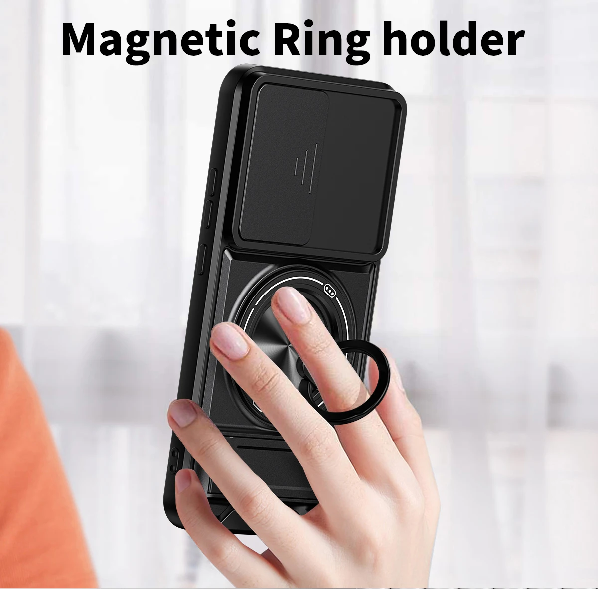 Enhanced Magnetic Ring Protective Phone Case with Camera Sliding Cover and Double Bracket