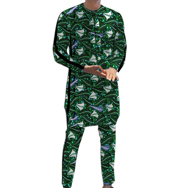 Abito da sposo con striscia nera Camicie + pantaloni con design patchwork Set di pantaloni da uomo stampati African Couture 3