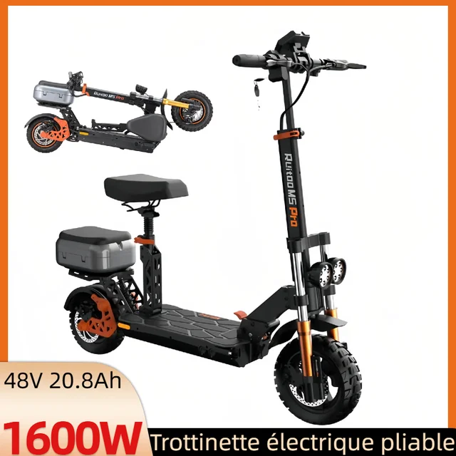 Trottinette Électrique 1200W, 80km Autonomie, Batterie 48V 20.8Ah, Frein Hydraulique, Pliable, Siège & Coffre, Pneus 11"/10" 1