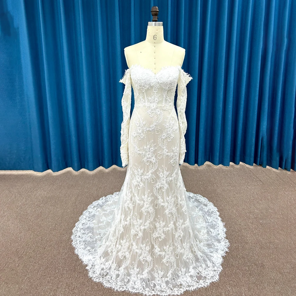 Gorgeous Superfine Wedding Dresses For Women 2024 Bride A-line Scoop Full Sleeves Sweep Train Zipper Robe De Mariée LSSM027 3