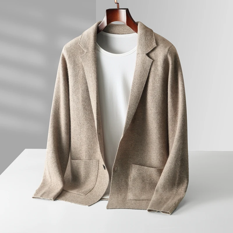 100% Merino Wool Men's Suit Collar Knitted Cardigan Autumn Winter Thickened Solid Color Suit Shirt Cashmere Jacket Sweater 4