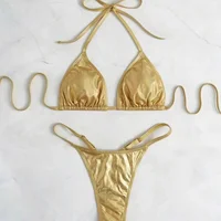 Sexy Metallic Gold Glitter Halter Bikinis Sets Two Pieces Women Thong Bandage Swimsuit Female Bathing Suit Swimwear Biquini
