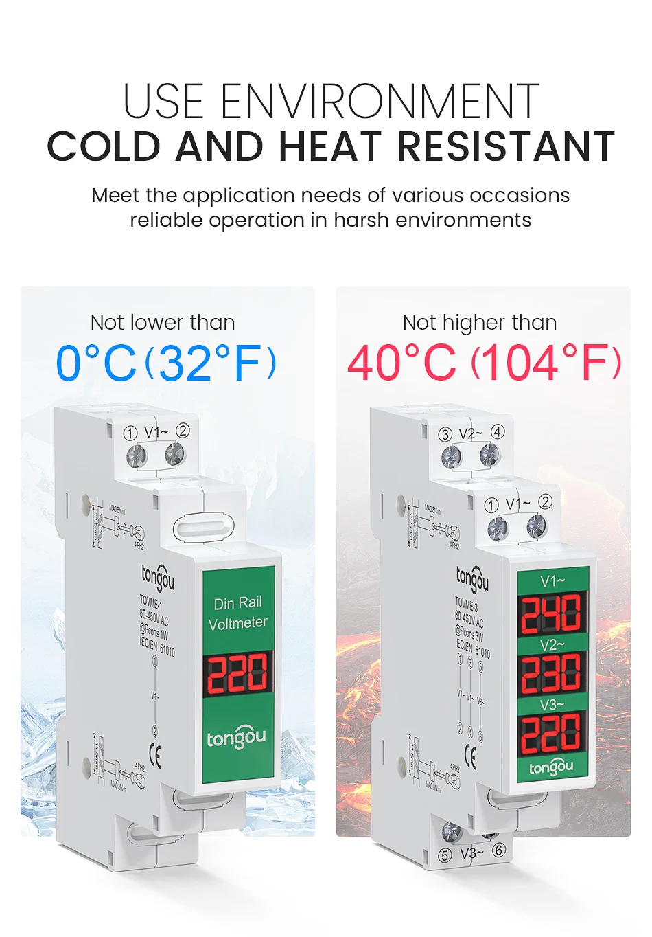 Three Phase Voltage Meter Ac 60V-450V Mini Modular Voltmeter Gauge Indicator LE