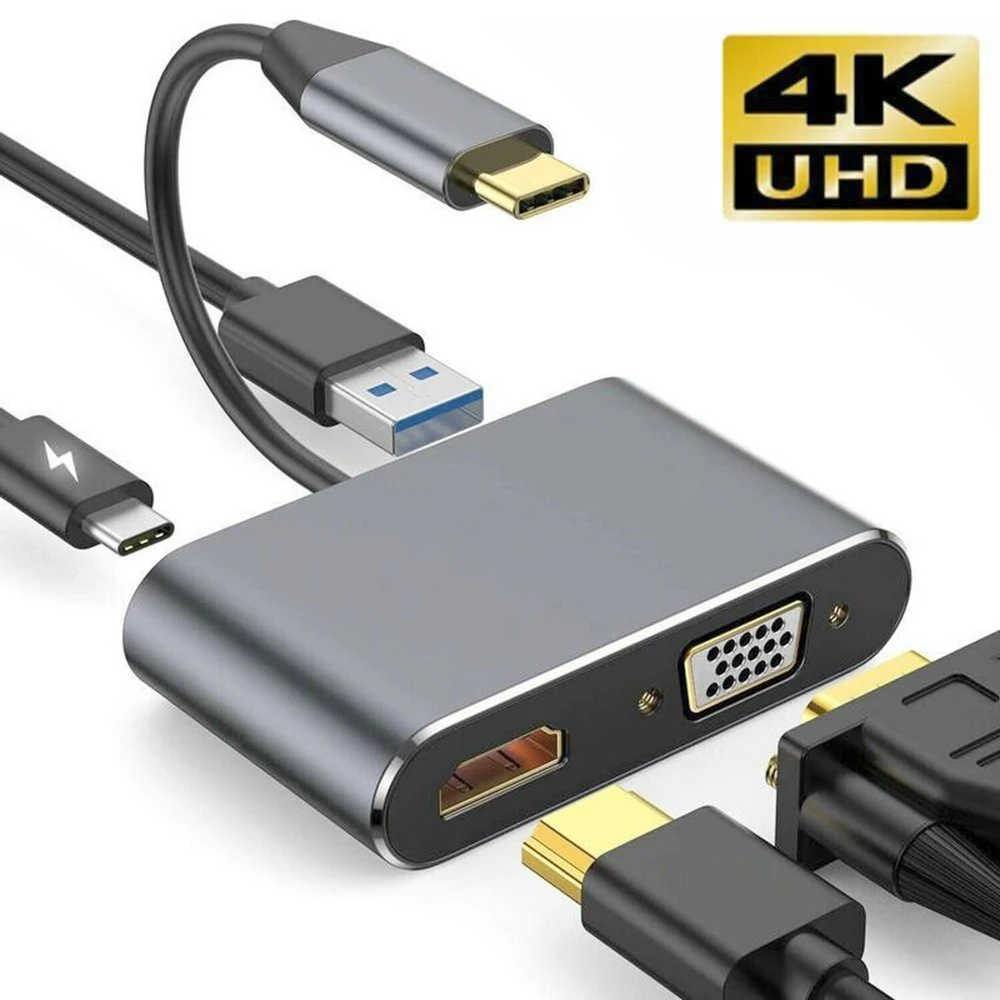 

4K Type-C To HDMI-Compatible USB C 3.0 VGA PD Adapter Dock 4 In 1 Hub Screen Expansion For Macbook Samsung Xiaomi Huawei Laptop