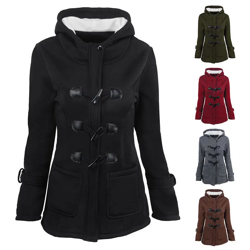 

Women's Coat Autumn and Winter Hooded Horn Button Coat Cotton Coat Lamb Wool