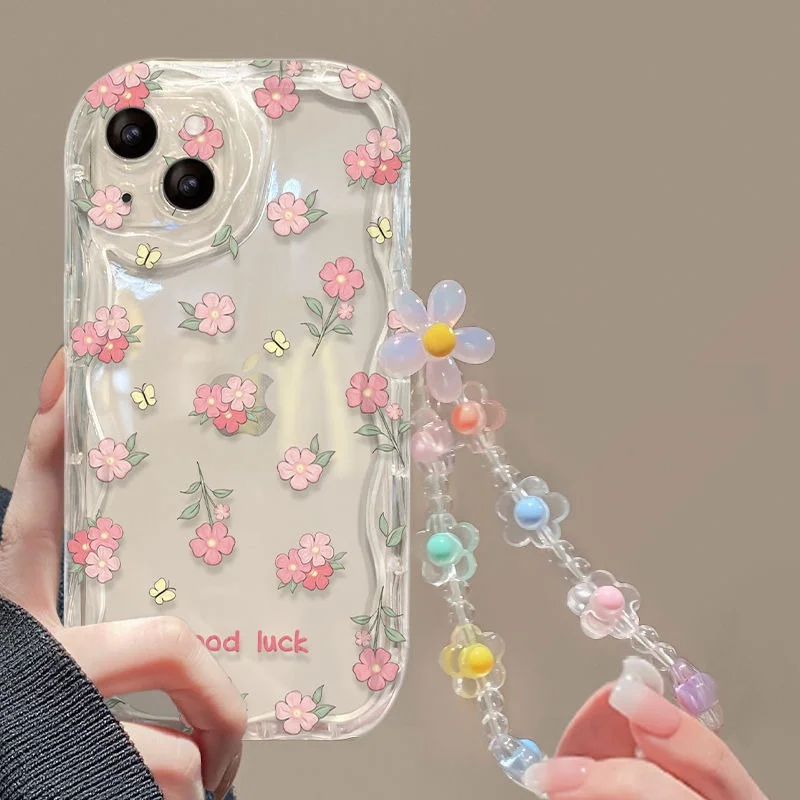 3D Floral Love Heart Soft Phone Case with Hanging Chain - Korea Style Cover