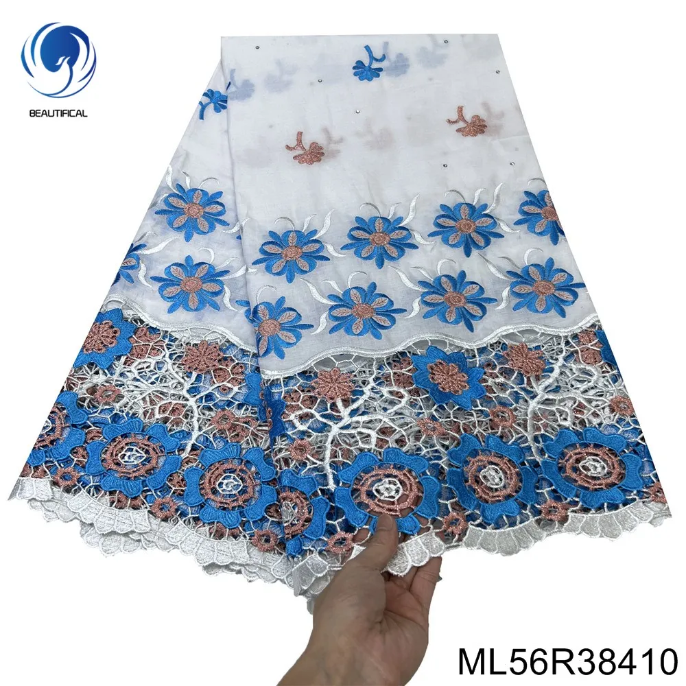 

Swiss Voile Cotton Lace Fabric, Plain White, Brown and Blue Thread, Embroidered Pattern for Party Dress, ML56R384, 2023