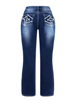 Plus size women's high waisted flared pants, retro embroidered back pocket design, deep blue comfortable women's jeans - Image 6
