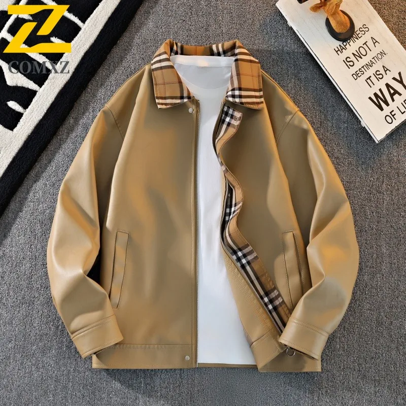 Men American Style PU Jacket  Workwear Coat Lightweight Water-Resistant Windproof Oversized Streetwear Vintage Utility Outerwear