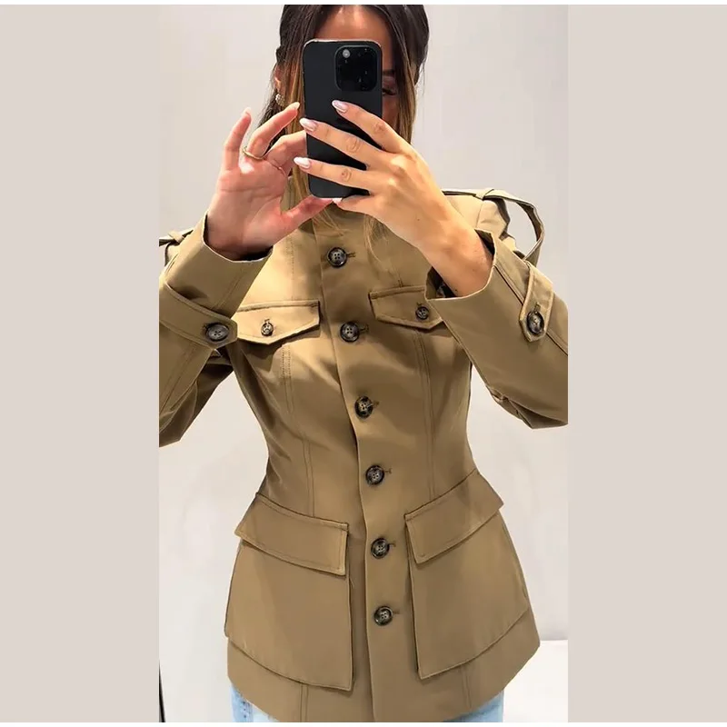 Pocket Stand Collar Long Sleeves Jacket Woman Single Breasted Solid Color Waist Cinching Jackets Versatile Women's New Jackets 13 S9dfc54f1804547d0b1e76c7039307673u