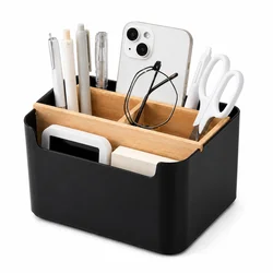 Elegant Wooden Desk Organizer: Pen & Pencil Holder and Multifunctional Storage Box (Black)