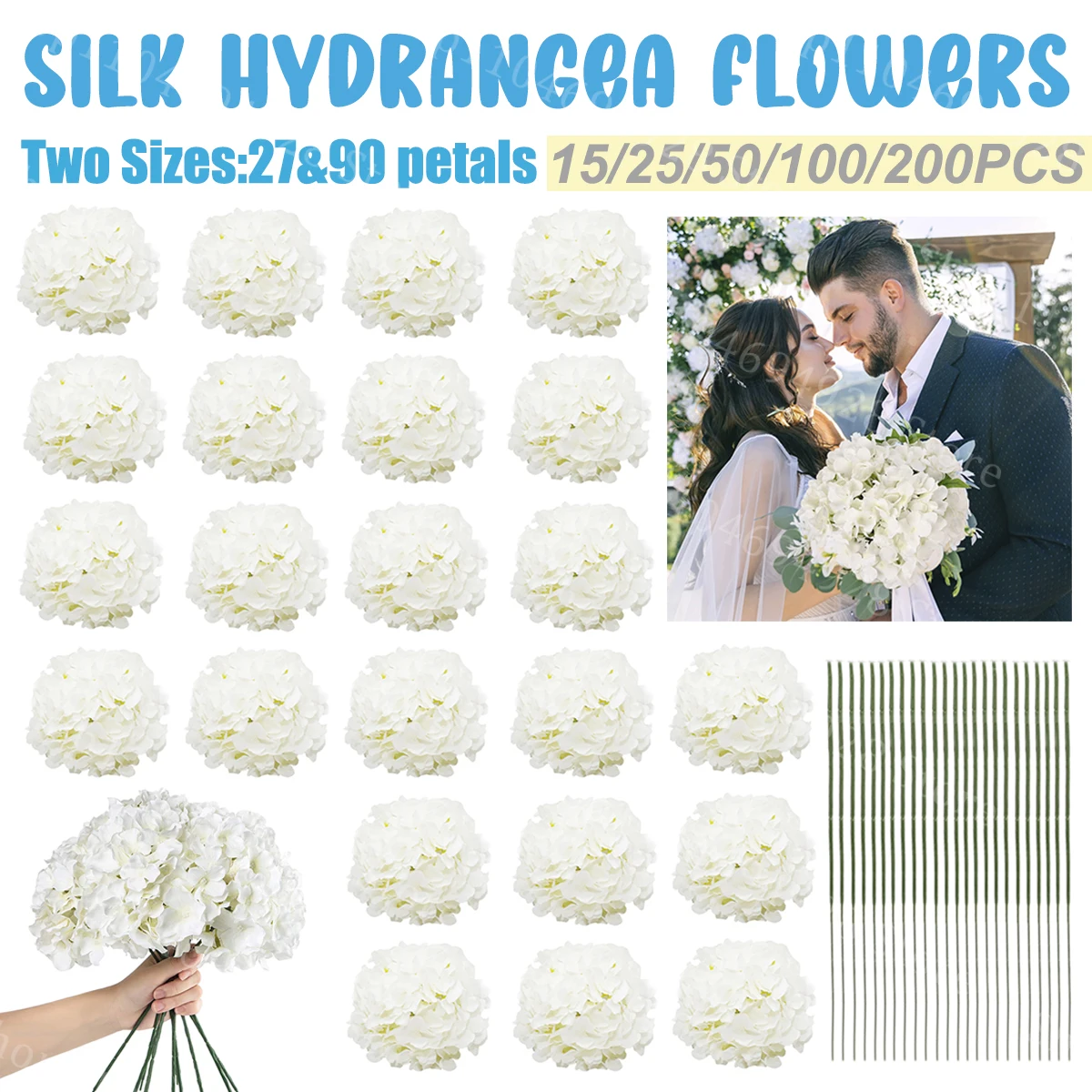 15-200PCS Artificial Hydrangea Flowers Lifelike Silk Hydrangea Flowers with Stems for DIY Wedding Centerpiece Party Home Decor