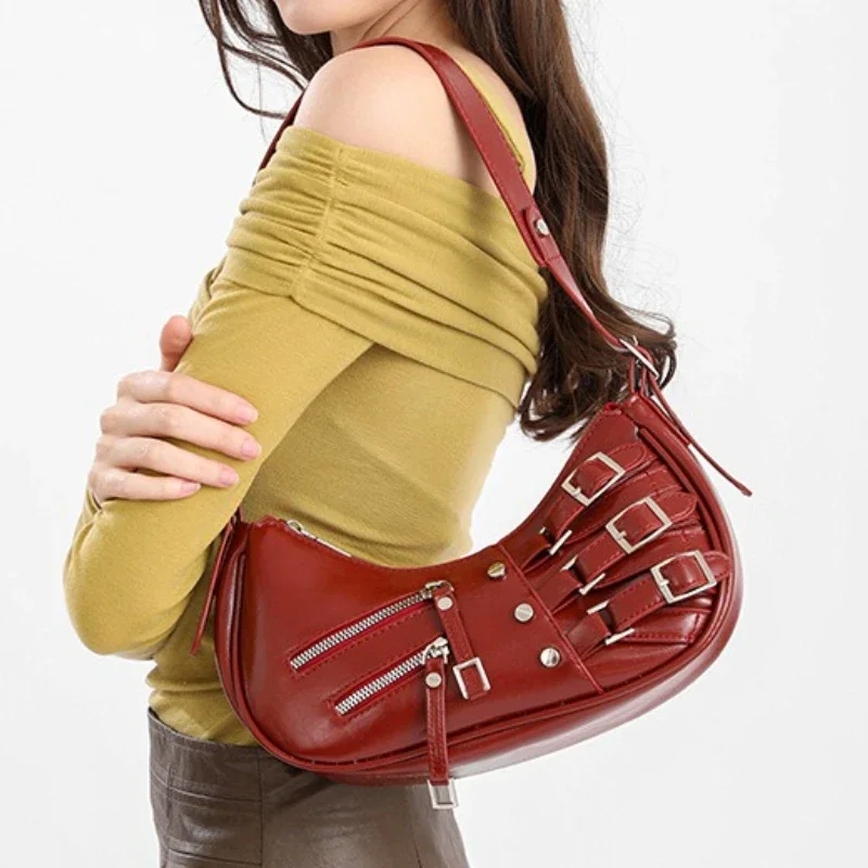 New Fashion PU Leather Underarm Bags for Women Pleated Design Cool American Motorcycle Bag Vintage Y2K Ladies Shoulder Bag