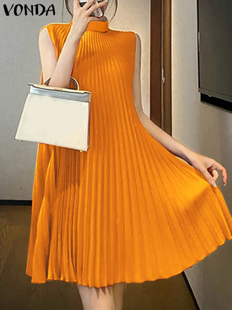 

Женское однотонное мини-платье 2024, летний короткий женский сарафан VONDA, богемное сексуальное платье без рукавов, повседневное женское платье оверсайз