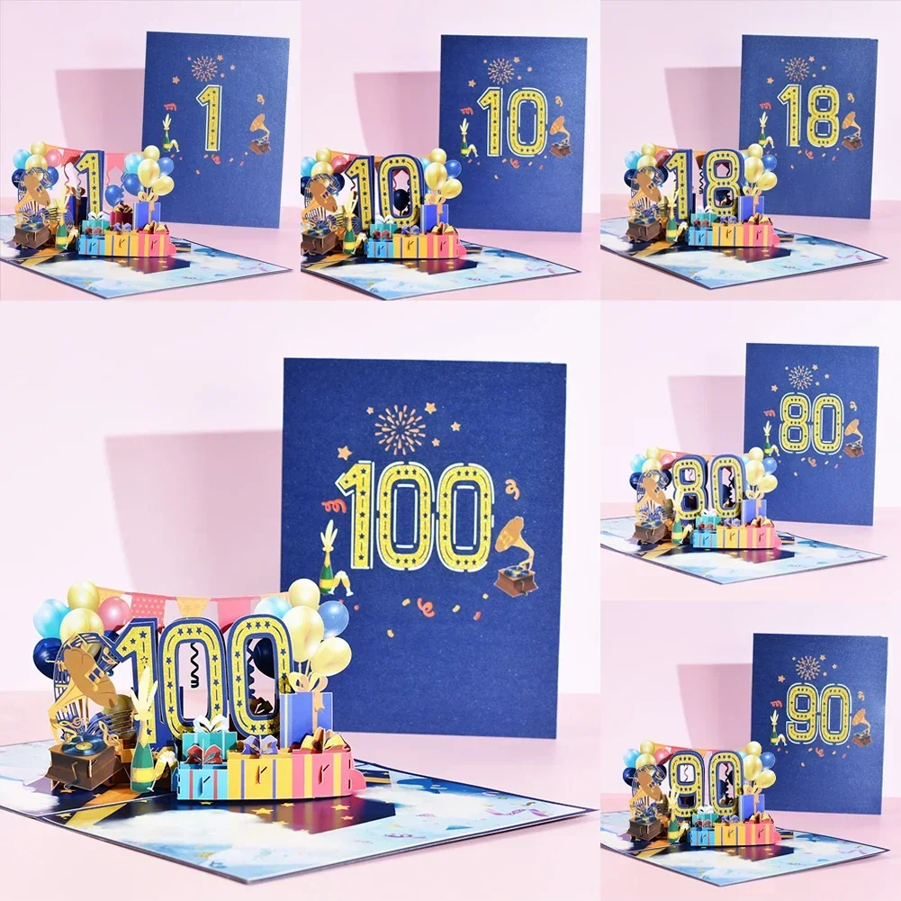 Cartoon 3D Ballon Greeting Card Blossom Pop Up 1/10/18/20/30/40/50/60/70/80/90/100 Anniversary Card for Birthday Valentine's Day