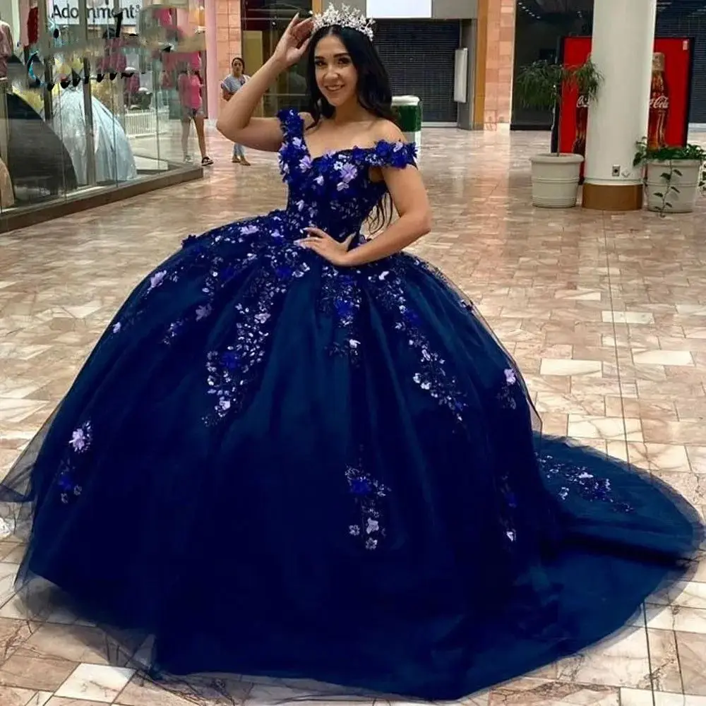 

Lorencia Navy Blue Quinceanera Dress Ball Gown 3D Flowers Appliques Beading Mexico Corset Sweet 16 Vestidos De XV 15 Anos YQD432