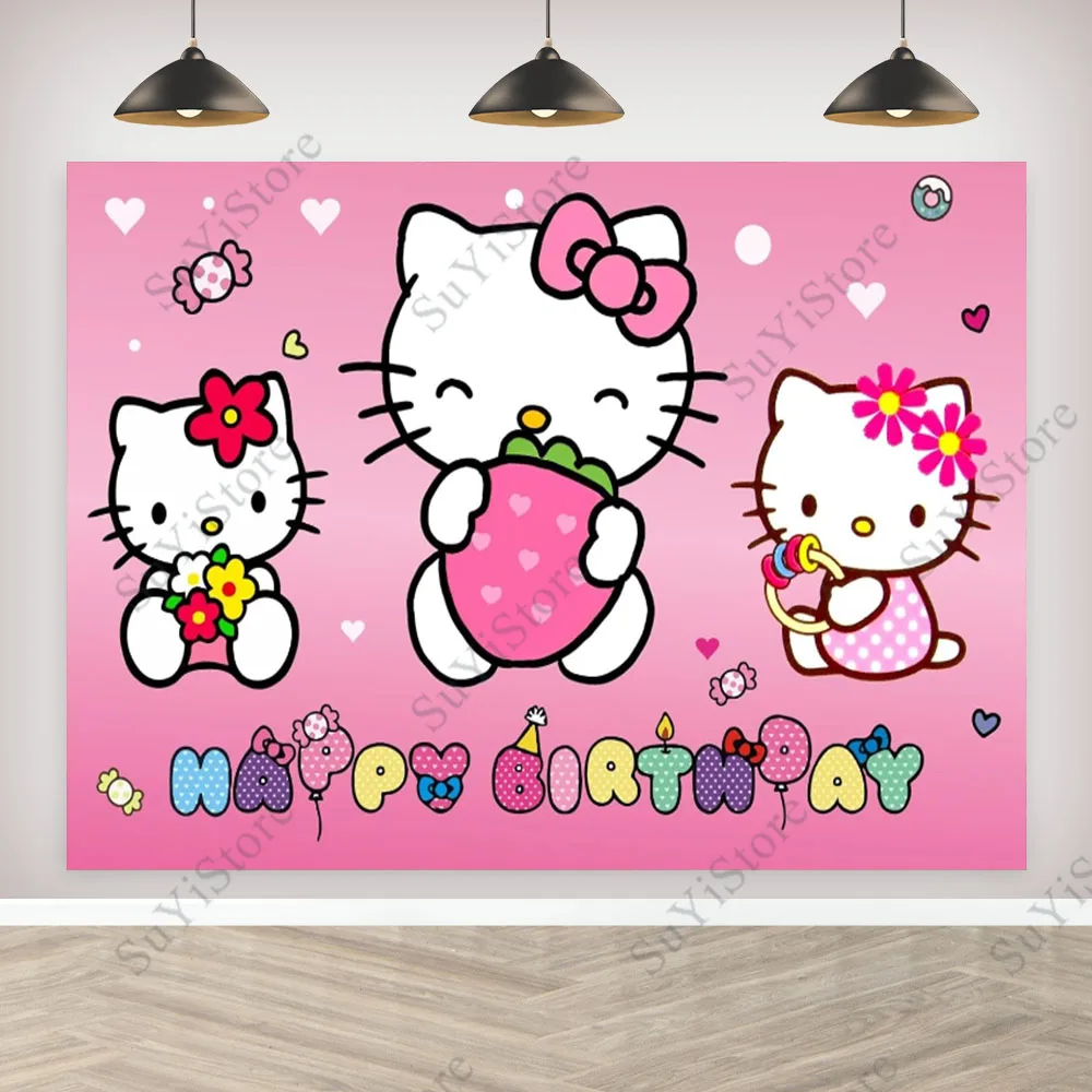 

Фон для фотосъемки «Hello Kitty» Sanrio, милые мультяшные рисунки, украшение на день рождения для девочек, детский розовый баннер, Декорации для фотосъемки