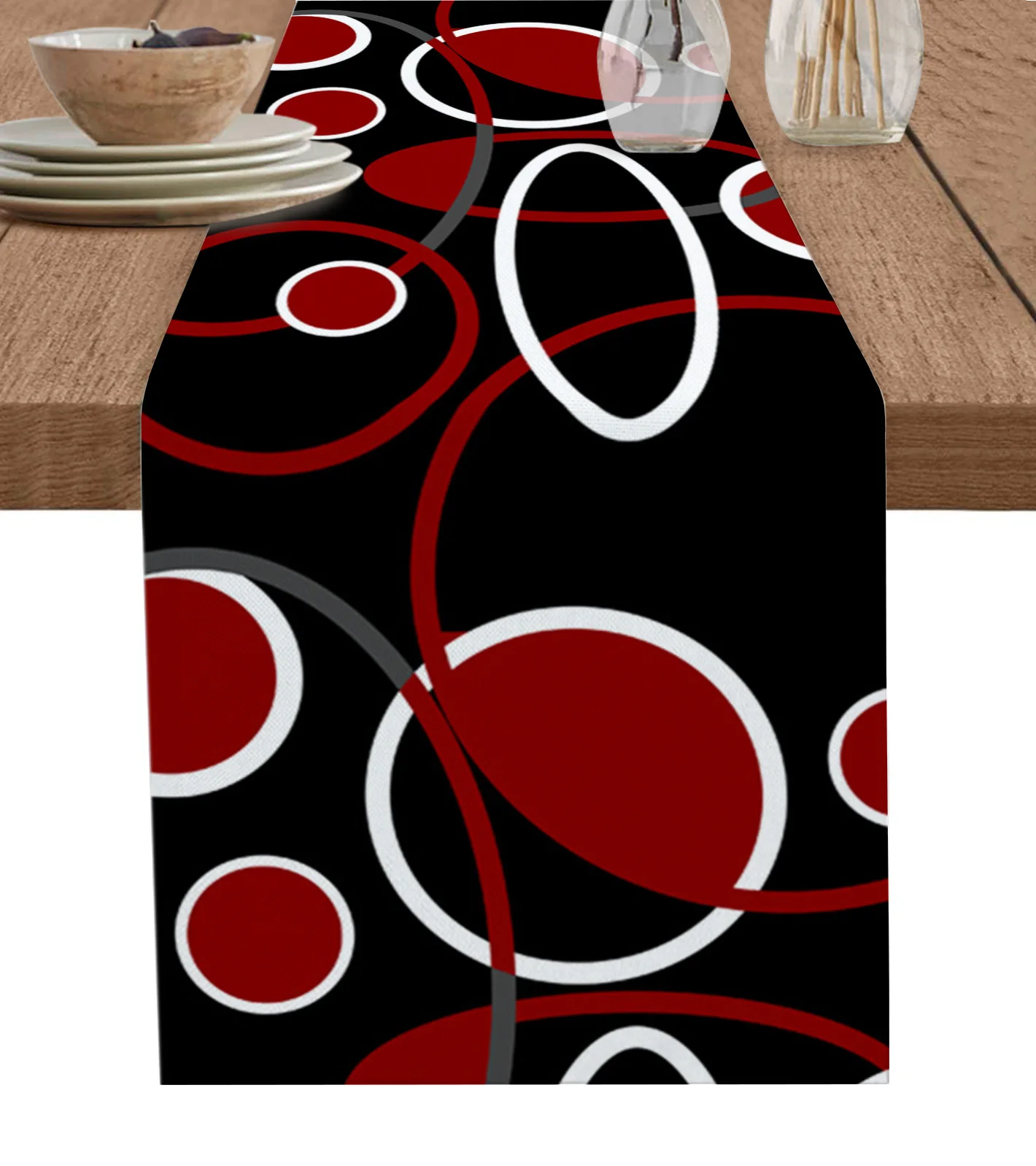 

Red Black Geometric Abstract Lines Linen Table Runner Kitchen Table Decoration Farmhouse Dining Tablecloth Wedding Party Decor