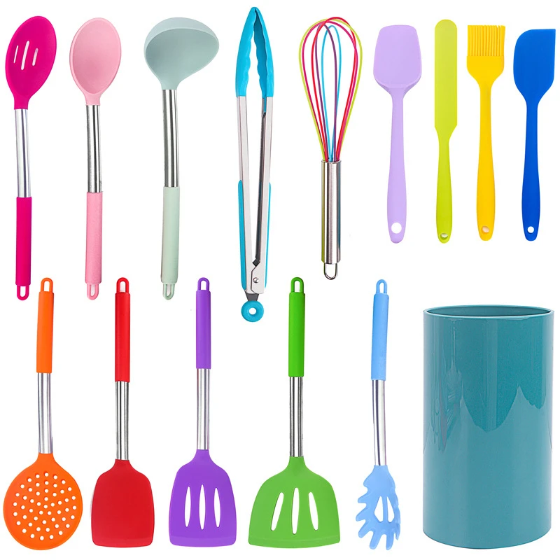 

15PCS Set Color Silicone Kitchenware Cooking Kitchen Tool Accessoires De Cuisine Outils Spatula Bbq Utensils Set Storage Bucket
