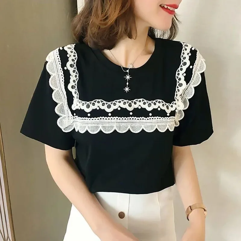 

Футболка женская с круглым вырезом, модная Свободная Повседневная рубашка с коротким рукавом, с кружевом и бисером, в Корейском стиле, E536, на лето