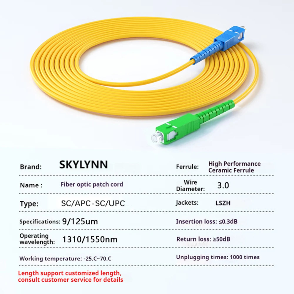 Fiber Optic Cable 10M SC APC to SC UPC Fiber Patch Cord Singlemode Simplex SMF 9/125&mu;m 3.0mm Carrier Grade