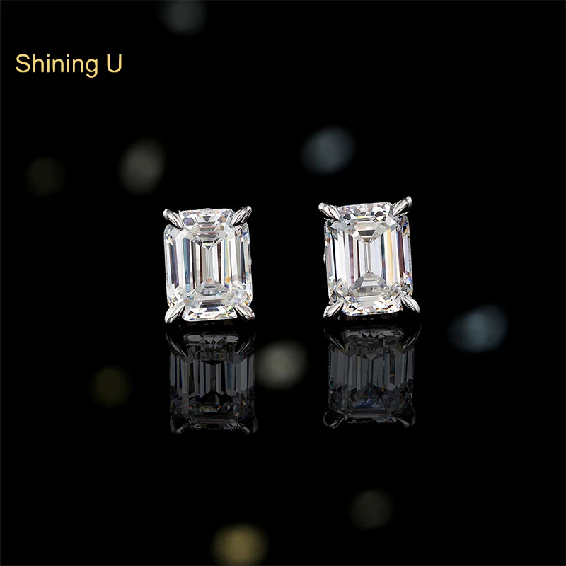 

Shining U S925 Silver High Carbon Diamond Gemstone Stud Earring for Women Emerald Cut Fine Jewelry Wedding