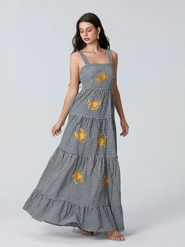 Women s Boho Floral Print Spaghetti Strap Maxi Dress V-Neck Sleeveless Summer Beach Dress with Tiered Skirt and Embroidery 5