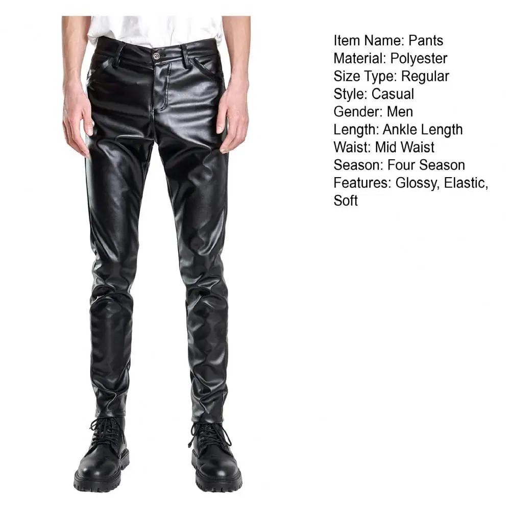 Men Faux Leather Pants Slim Fit Elastic Glossy Mid Waist Breathable Pockets Ankle Length Streetwear Hip Hop Club Pencil Pants men trousers,leather pants,skinny pants