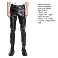 Men Faux Leather Pants Slim Fit Elastic Glossy Mid Waist Breathable Pockets Ankle Length Streetwear Hip Hop Club Pencil Pants 4