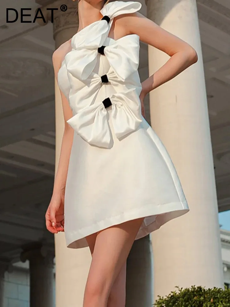 

DEAT Evening Dress Sleeveless Patchwork Bows White Backless Asymmetric Women's Mini Dresses 2024 Spring New Fashion 13DB1770