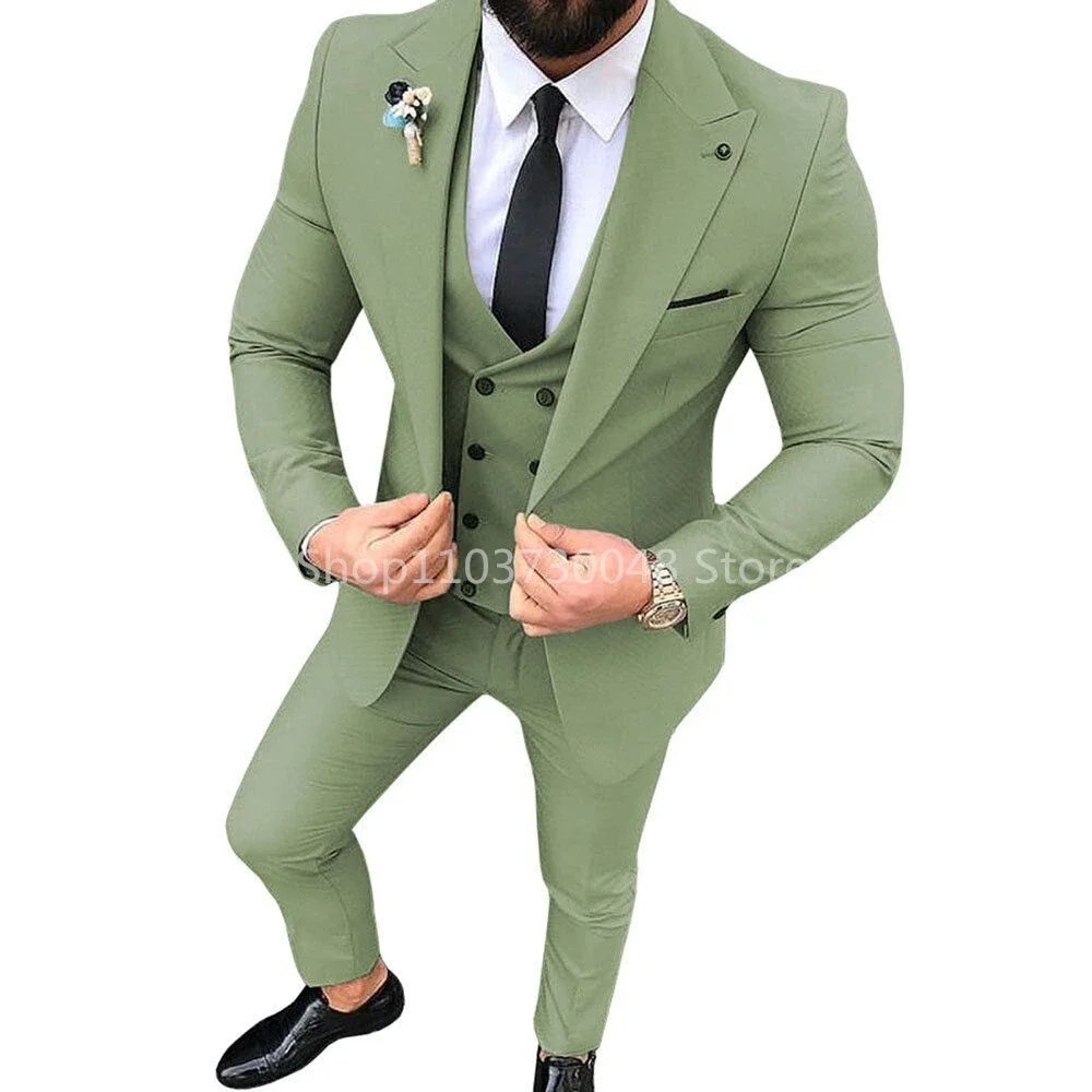 Solid Men's 3 Pieces Suit One Button Peak Lapel Jacket Vest Trousers Dinner Wedding Tuxedos Slim Fit Formal Business Suits