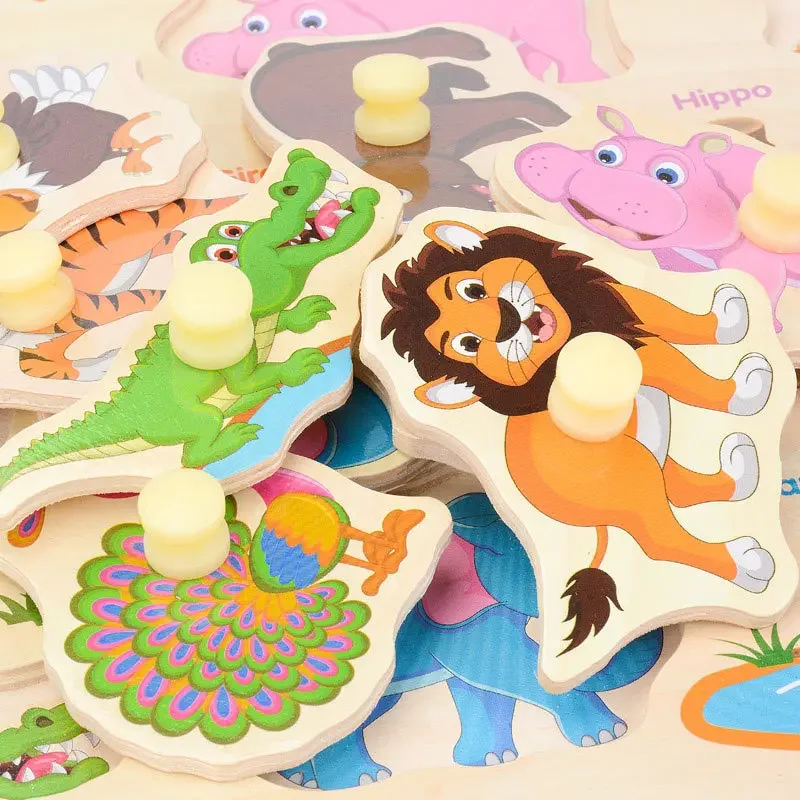 Kids Montessori Educational Toys for Children Hand Grasp Board Wooden Jigsaw Puzzle Animal Cognitive Puzzles Games 4