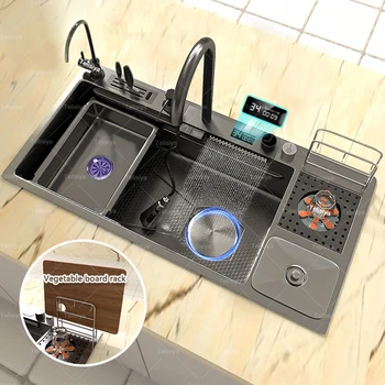 อ่างล่างหน้าล้างจานอเนกประสงค์สแตนเลสสตีลอ่างล้างจานขนาดใหญ่พิเศษพร้อมชั้นวางเขียงรองหั่น 1