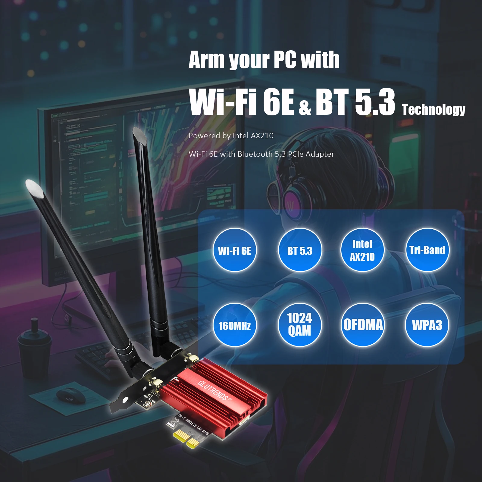 데스크탑 PC용 WiFi 6E PCIe 카드, 블루투스 5.3, 인텔 AX210 컨트롤러