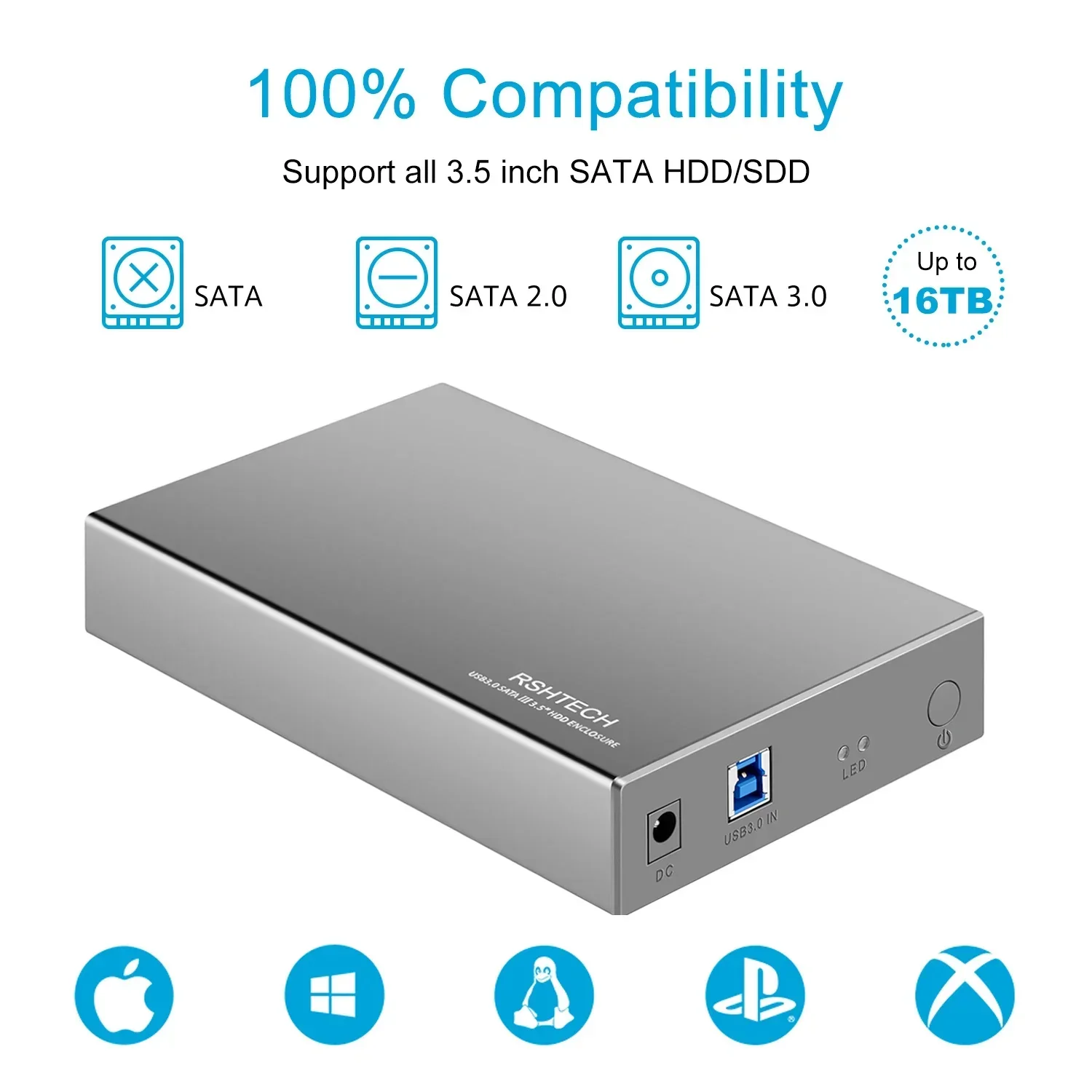 RSHTECH Hard Drive Enclosure USB 3.0 to SATA Aluminum External Hard Drive Dock Case for 3.5 inch HDD SSD up to 16TB Drives