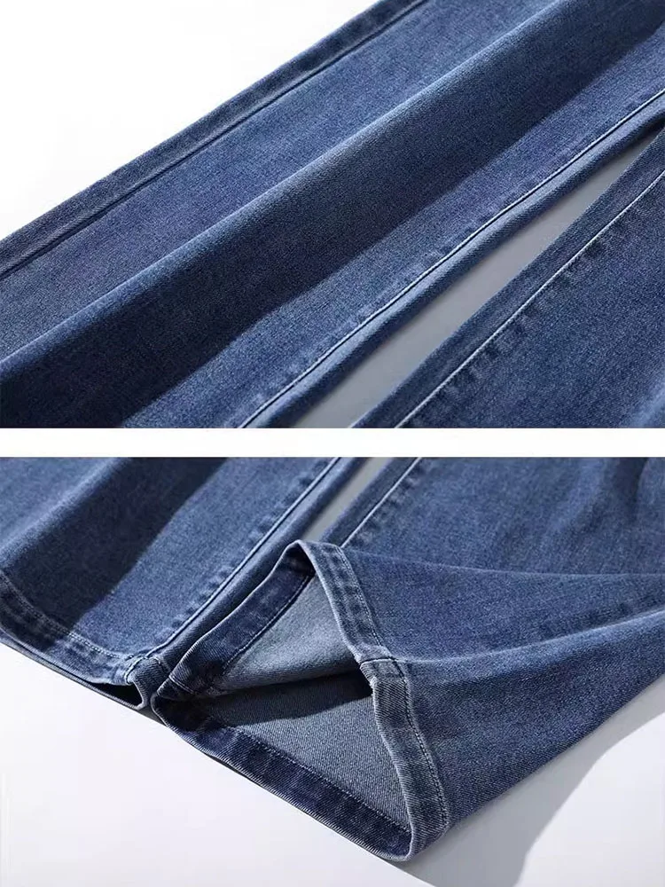 여성 탄성 높은 허리 스트레이트 청바지 한국 헐렁한 특대 85kg 넓은 다리 데님 바지 봄 가을 인과 빈티지 Kot Pantolon