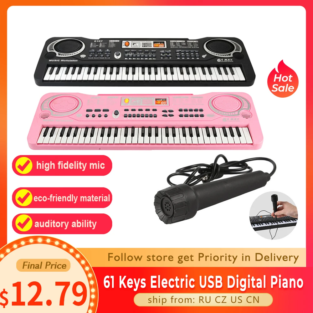 61 Keys Electric Keyboard Piano Electronic Organ Portable Digital Music Keyboard with Microphone and Sheet Music Stand Kids Toy Gift Teaching for Beginners 29.9x7.9x2.4inch 