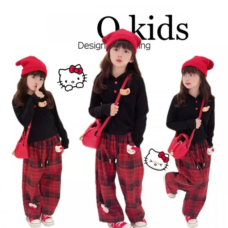 

Sanrios Cartoon Anime Hellokitty Girls Fashion Spring Sutumn Cotton Hooded T-Shirt Y2K Lattice Trousers Casual Outfit Tops Pants