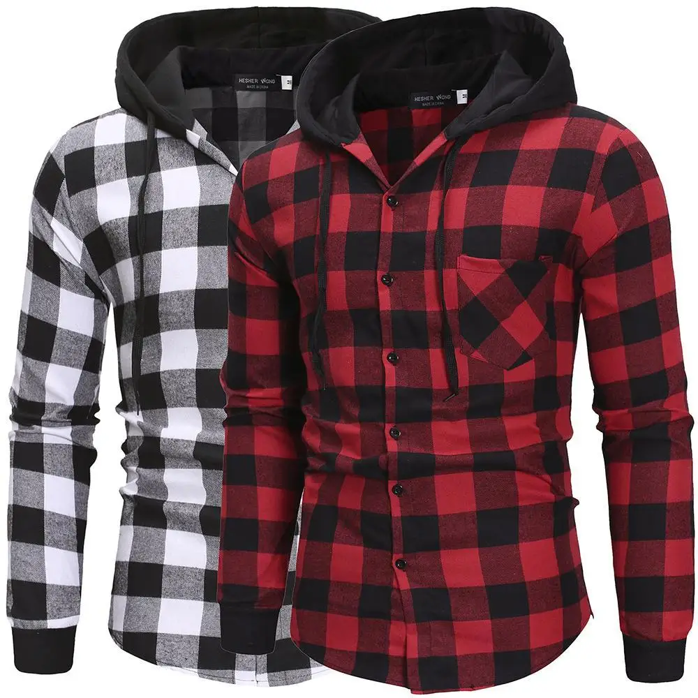 

2023 New Men's Shirts Autumn Fashion Casual Plaid Shirts Long Sleeve Cotton High Quality Pullover Hooded Male Winter Mens Top