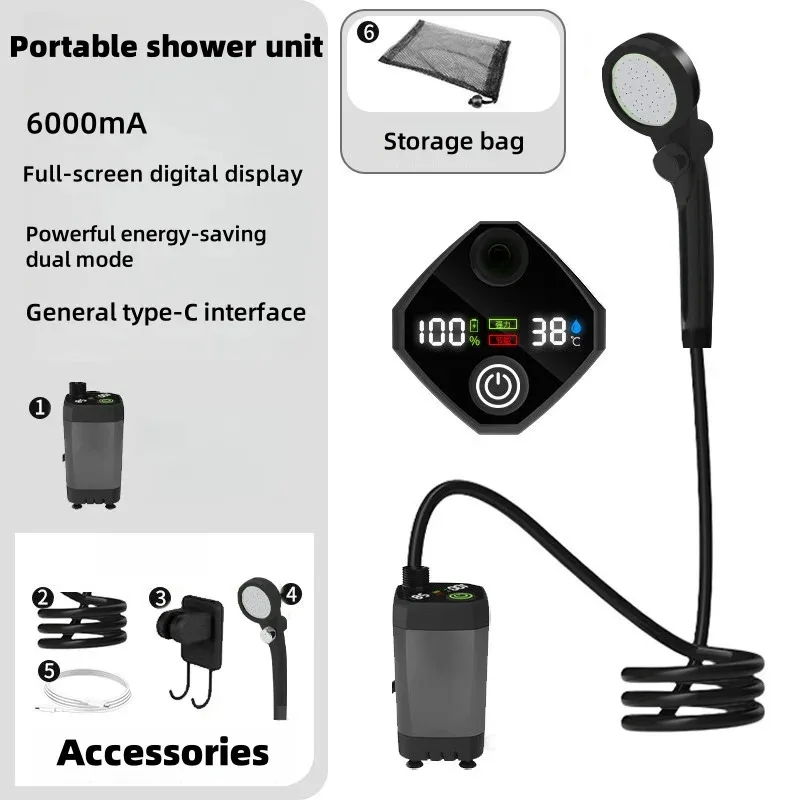 NEW Portable Camping Shower 6000mAh Rechargeable Electric Pump with LED Screen Handheld Outdoor Shower for Camping Hiking Travel