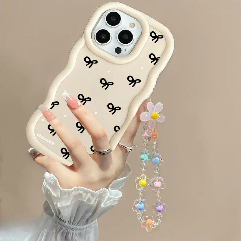 Bow Flower Lanyard Wavy Edge Phone Case
