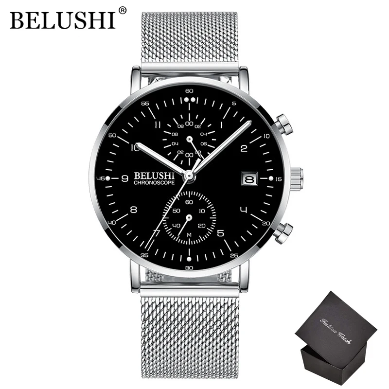 BELUSHI Mesh Steel Sport Watches Men Fashion Top Brand Luxury Ultra-Thin Watch for Men Quartz Waterproof Mens Clock Reloj hombre 