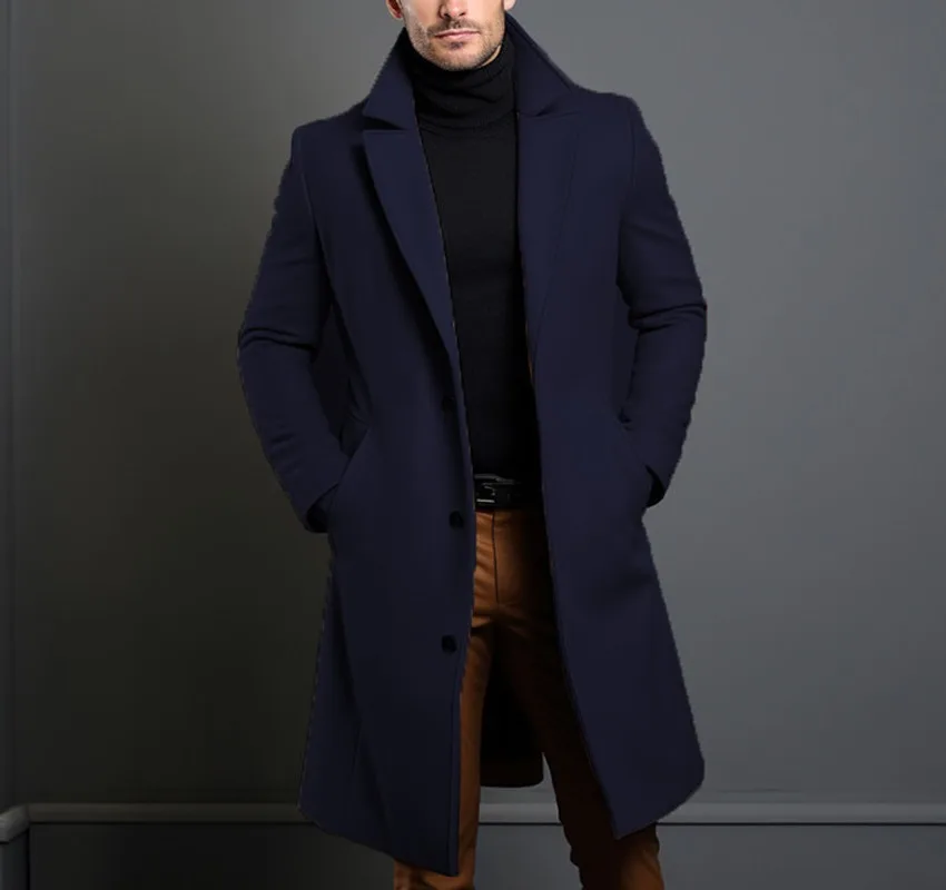 Woolen Coat Men\'s Medium Length Solid Color Autumn and Winter Warm Youth Woolen Jacket for Men